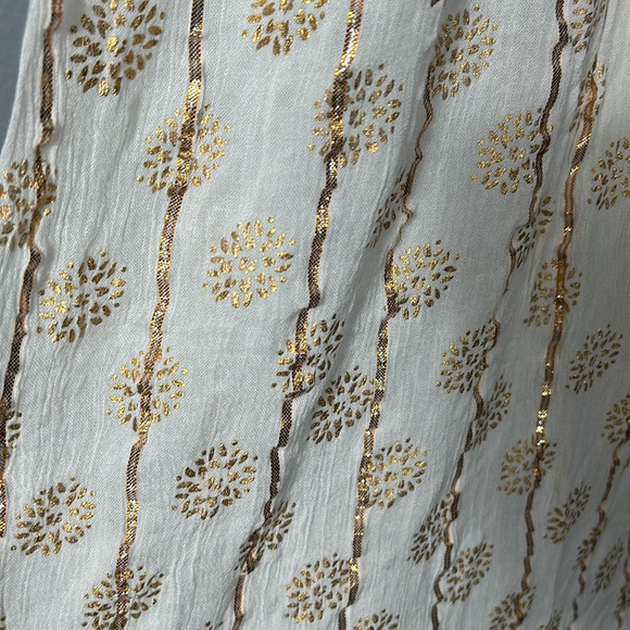 Me 2 Magic Cream over Gold Print V-neck Ruched Back Layered Skirt Maxi Dress M - Picture 9 of 17